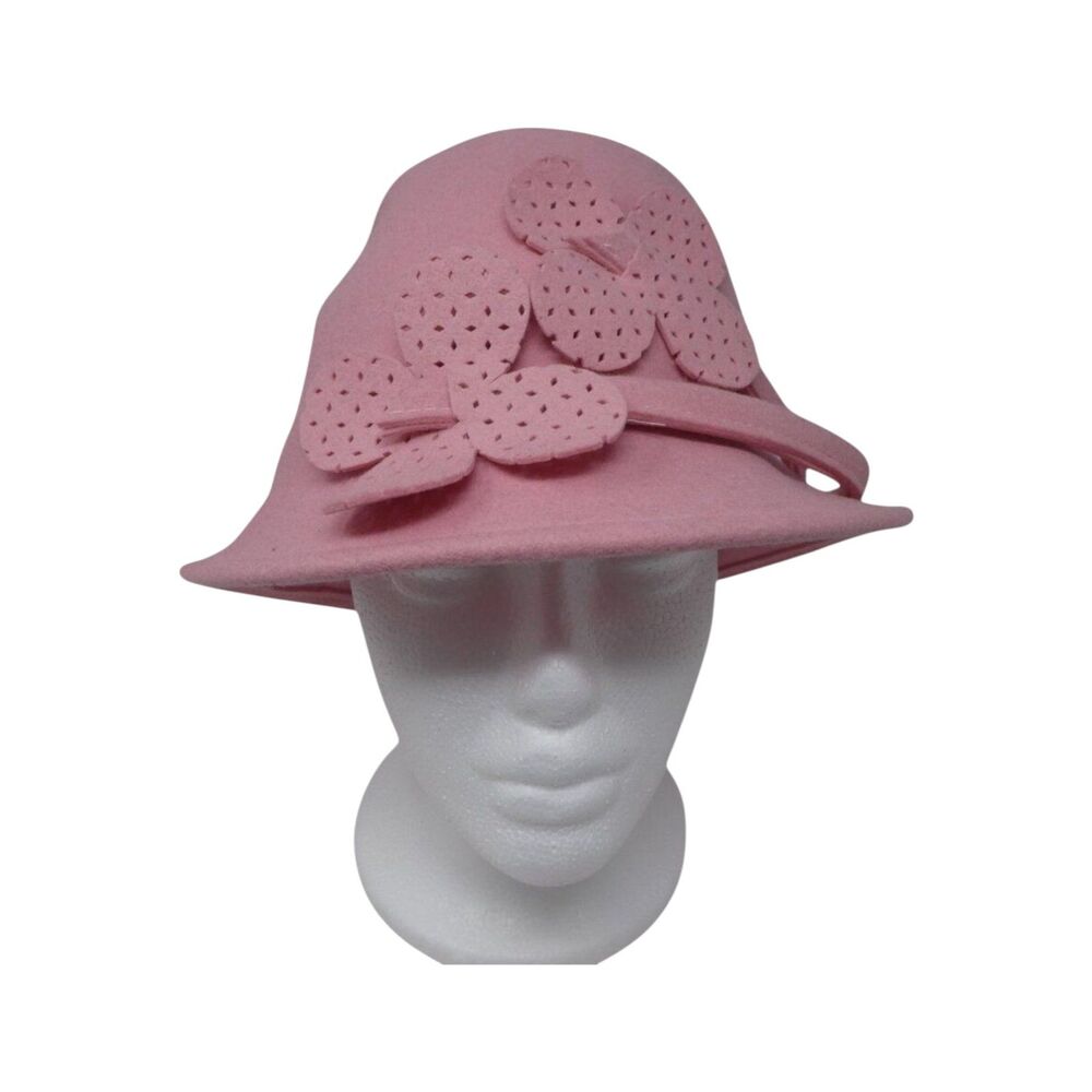 Vintage Ophelie Pink Wool Felt Flower Detail Bucket Cloche Hat